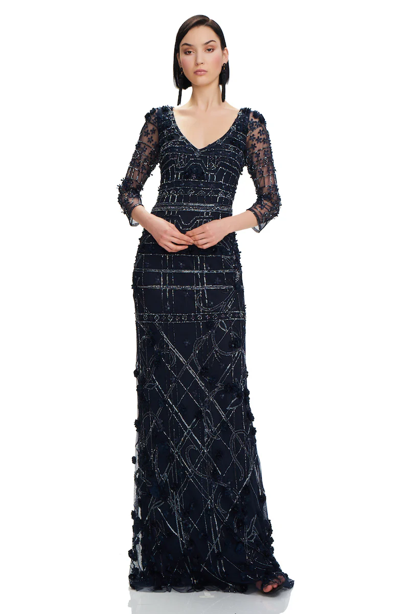 3/4 Sleeve Sequin Gown